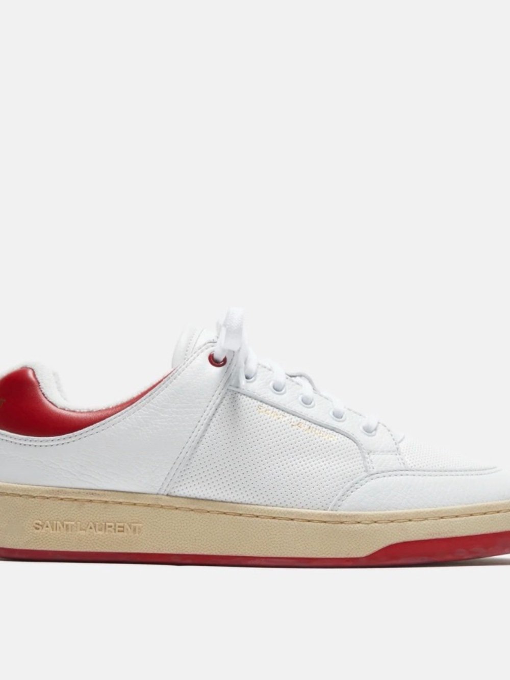 Saint Laurent White Leather Low-Top Sneaker with Red Accents